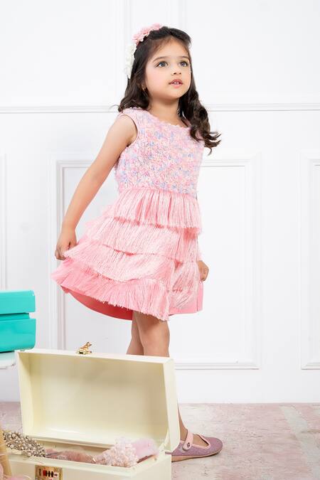 Shop Hoity Moppet Pink Tulle Embroidery Tiered Fringe Dress Online at Aza Fashions Shop_Hoity Moppet_Pink Tulle Embroidery Tiered Fringe Dress _Online_at_Aza_Fashions