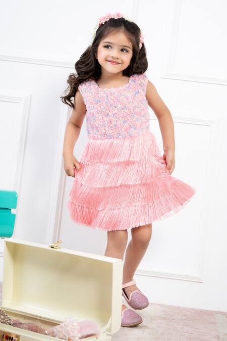 Hoity Moppet Pink Tulle Embroidery Tiered Fringe Dress at Aza Fashions Hoity Moppet_Pink Tulle Embroidery Tiered Fringe Dress _at_Aza_Fashions