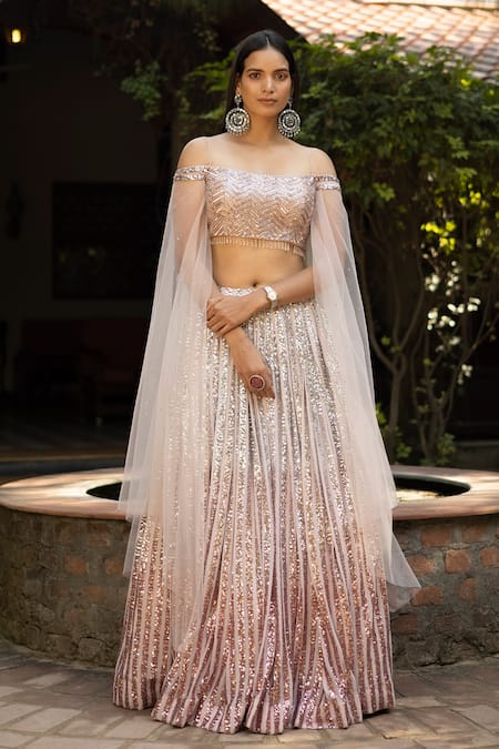 Basanti - Kapde Aur Koffee Pink Net Embellishment Sequin And Beads One Shoulder Blouse & Lehenga Set 