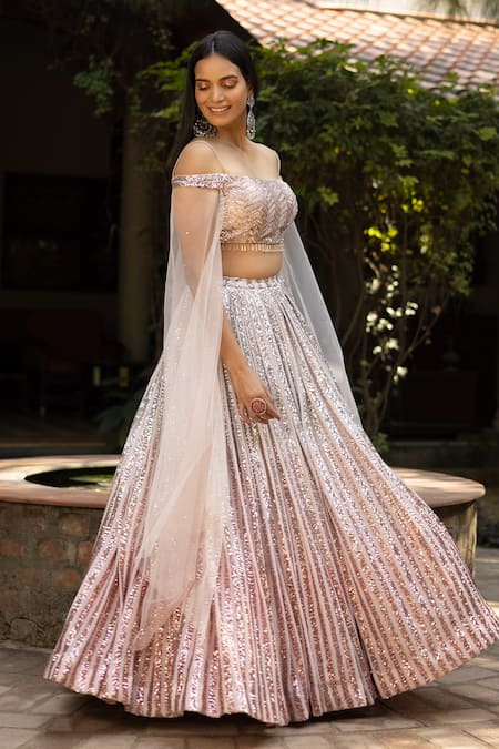 Basanti - Kapde Aur Koffee_Pink Net Sequin And Beads One Shoulder Embellished Blouse & Lehenga Set_Online_at_Aza_Fashions