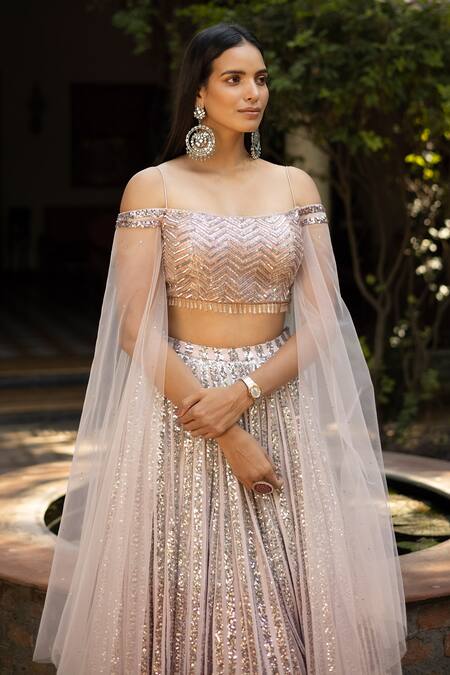 Shop_Basanti - Kapde Aur Koffee_Pink Net Sequin And Beads One Shoulder Embellished Blouse & Lehenga Set_Online_at_Aza_Fashions