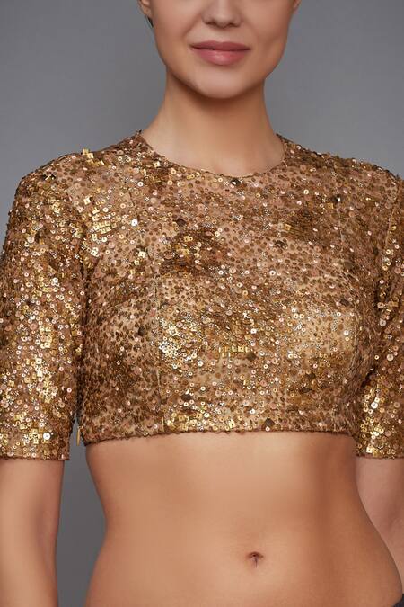 RI.Ritu Kumar_Gold Viscose Embellished Blouse _Online_at_Aza_Fashions
