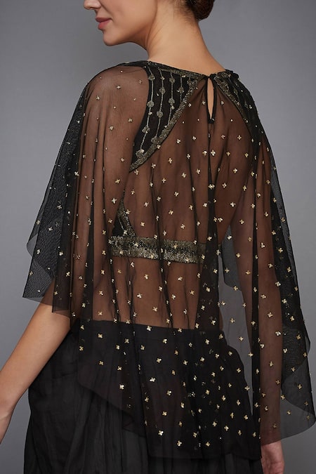 Shop RI.Ritu Kumar Black Net Embroidered Cropped Cape Blouse at Aza Fashions Shop_RI.Ritu Kumar_Black Net Embroidered Cropped Cape Blouse _at_Aza_Fashions