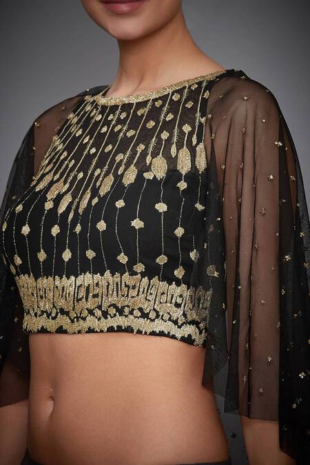 Shop RI.Ritu Kumar Black Net Embroidered Cropped Cape Blouse Online at Aza Fashions Shop_RI.Ritu Kumar_Black Net Embroidered Cropped Cape Blouse _Online_at_Aza_Fashions