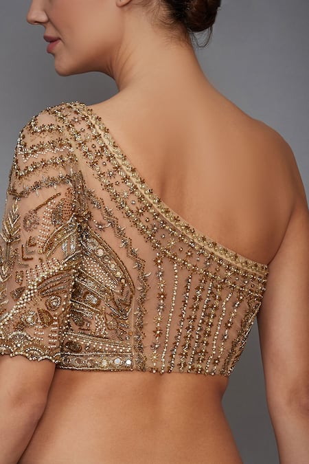 Shop_RI.Ritu Kumar_Gold Net One Shoulder Blouse _at_Aza_Fashions