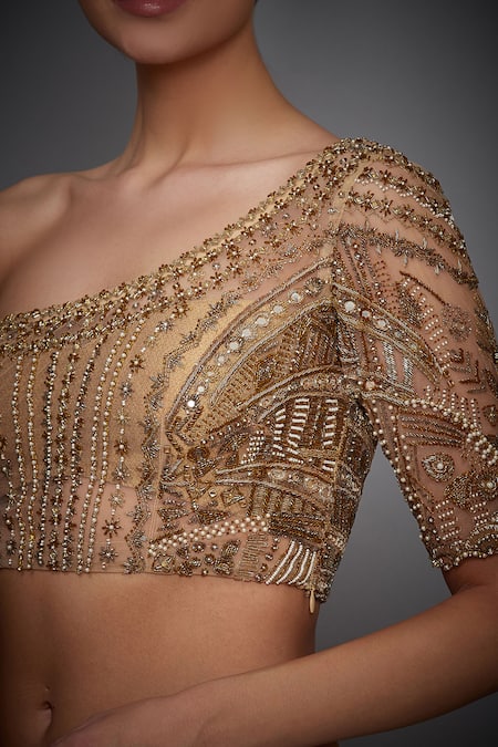 Buy_RI.Ritu Kumar_Gold Net One Shoulder Blouse _Online_at_Aza_Fashions
