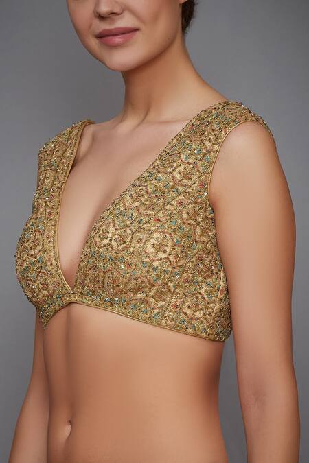 RI.Ritu Kumar_Beige Net Embroidered Blouse _Online_at_Aza_Fashions