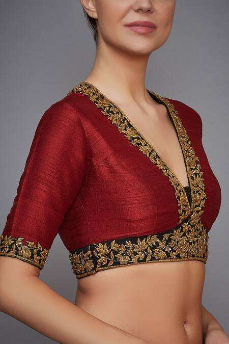 RI.Ritu Kumar Maroon Silk Dupion Embroidered Blouse Online at Aza Fashions RI.Ritu Kumar_Maroon Silk Dupion Embroidered Blouse _Online_at_Aza_Fashions