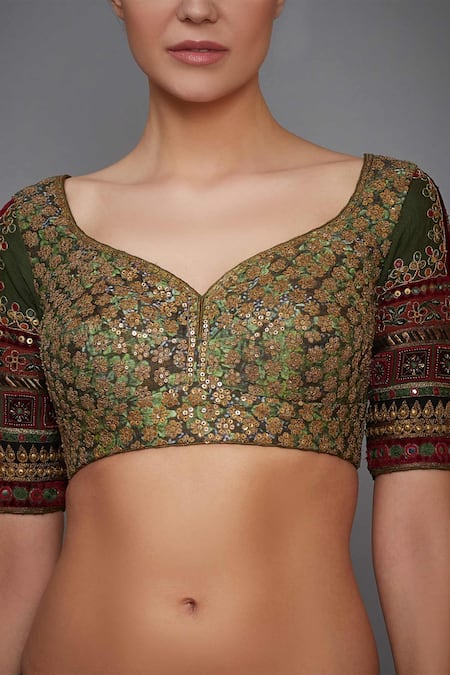 RI.Ritu Kumar Green Silk Dupion Leaf Neck Embroidered Blouse 