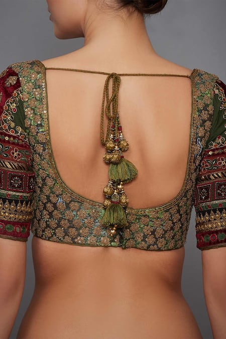 Shop RI.Ritu Kumar Green Silk Dupion Leaf Neck Embroidered Blouse at Aza Fashions Shop_RI.Ritu Kumar_Green Silk Dupion Leaf Neck Embroidered Blouse _at_Aza_Fashions