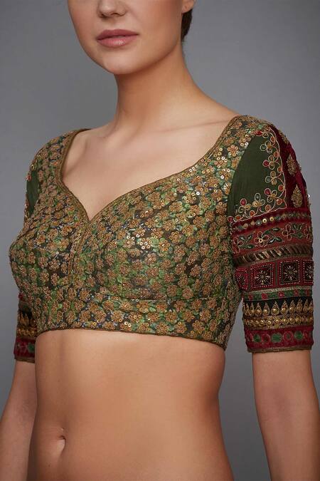 RI.Ritu Kumar Green Silk Dupion Leaf Neck Embroidered Blouse Online at Aza Fashions RI.Ritu Kumar_Green Silk Dupion Leaf Neck Embroidered Blouse _Online_at_Aza_Fashions