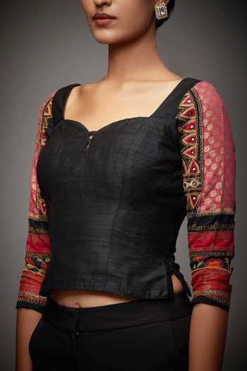 RI.Ritu Kumar_Black Silk Dupion Embroidery Sweetheart Neck Panelled Blouse _Online_at_Aza_Fashions