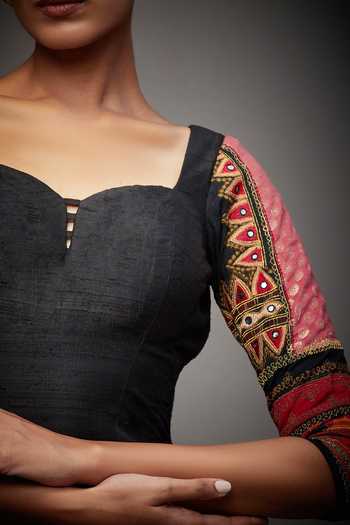 Buy_RI.Ritu Kumar_Black Silk Dupion Embroidery Sweetheart Neck Panelled Blouse _Online_at_Aza_Fashions