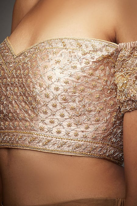 Buy_RI.Ritu Kumar_Beige Silk Satin Embroidery Sweetheart Neck Crop Top _Online_at_Aza_Fashions