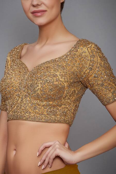 RI.Ritu Kumar_Beige Silk Satin Leaf Neck Blouse _Online_at_Aza_Fashions