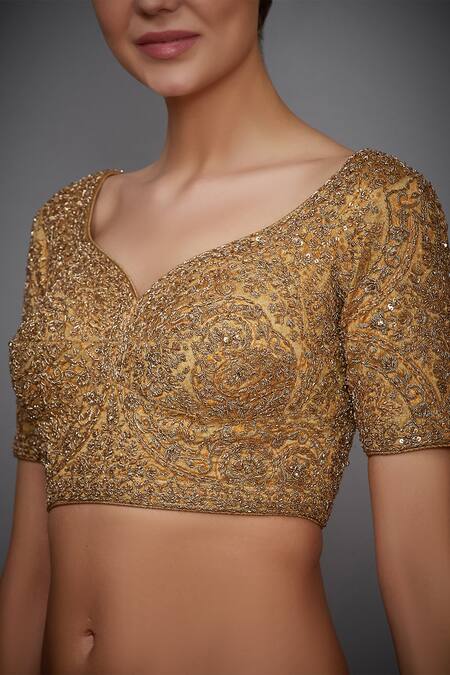 Buy_RI.Ritu Kumar_Beige Silk Satin Leaf Neck Blouse _Online_at_Aza_Fashions