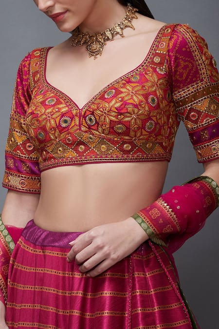 RI.Ritu Kumar_Pink Silk Satin Embroidery Leaf Neck Blouse _Online_at_Aza_Fashions