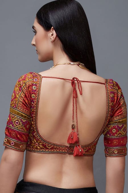 Shop RI.Ritu Kumar Red Silk Satin Embroidery Leaf Neck Blouse at Aza Fashions Shop_RI.Ritu Kumar_Red Silk Satin Embroidery Leaf Neck Blouse _at_Aza_Fashions