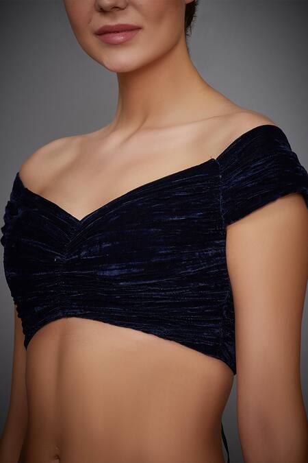 Buy_RI.Ritu Kumar_Blue Viscose Velvet Embroidery V Neck Blouse _Online_at_Aza_Fashions