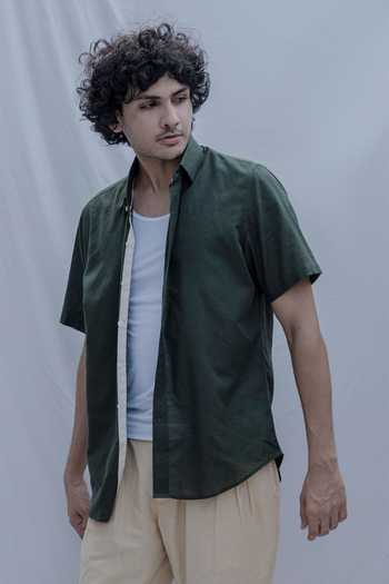 Buy Bohame Green Cotton Linen Shirt at Aza Fashions Buy_Bohame_Green Cotton Linen Shirt _at_Aza_Fashions