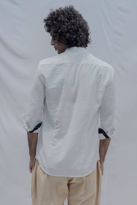 Shop_Bohame_White Cotton Linen Colorblock Shirt_at_Aza_Fashions