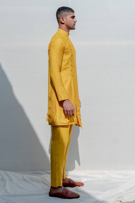 Bohame_Yellow Cotton, Chanderi, Tencel Kurta And Pant Set_Online_at_Aza_Fashions