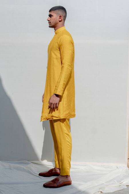 Buy_Bohame_Yellow Cotton, Chanderi, Tencel Kurta And Pant Set_Online_at_Aza_Fashions