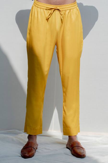 Shop_Bohame_Yellow Cotton, Chanderi, Tencel Kurta And Pant Set_Online_at_Aza_Fashions