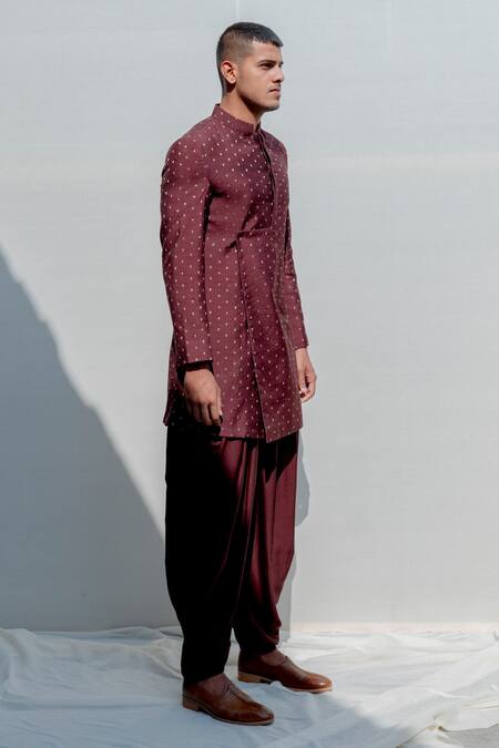 Bohame_Brown Cotton, Chanderi, Tencel Kurta And Dhoti Pant Set_Online_at_Aza_Fashions