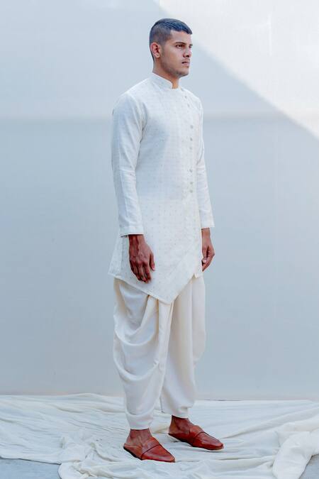 Bohame_White Cotton, Chanderi, Tencel Asymmetric Kurta And Dhoti Pant Set_Online_at_Aza_Fashions