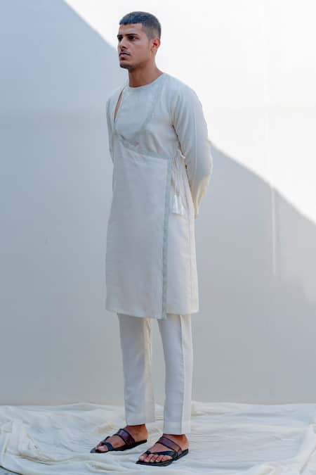 Bohame_White Chanderi Silk, Tencel Kurta And Pant Set_Online_at_Aza_Fashions