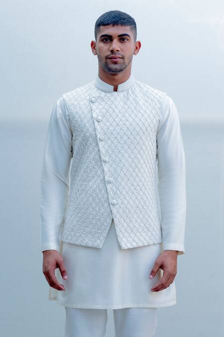 Buy_Bohame_White Silk, Tencel Embroidered Bundi And Kurta Set_Online_at_Aza_Fashions