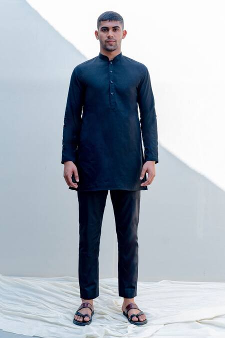 Bohame_Black Cotton, Raw Silk Embroidered Bundi And Kurta Set_Online_at_Aza_Fashions