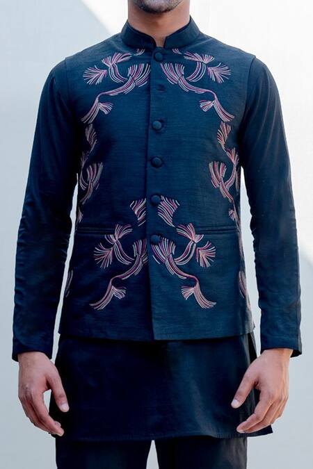 Bohame_Black Cotton, Raw Silk Embroidered Bundi And Kurta Set_at_Aza_Fashions