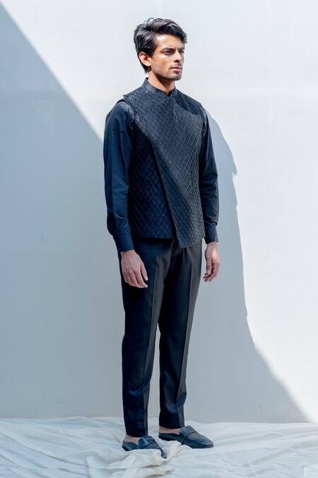 Bohame_Black Silk, Tencel Embroidered Bundi And Shirt Set_Online_at_Aza_Fashions