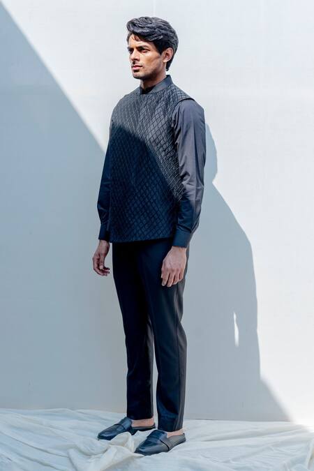 Buy_Bohame_Black Silk, Tencel Embroidered Bundi And Shirt Set_Online_at_Aza_Fashions