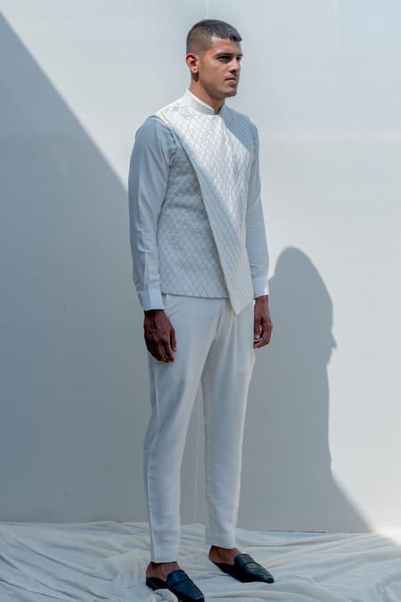 Bohame White Silk Embroidered Bundi And Shirt Set Online at Aza Fashions Bohame_White Silk Embroidered Bundi And Shirt Set_Online_at_Aza_Fashions