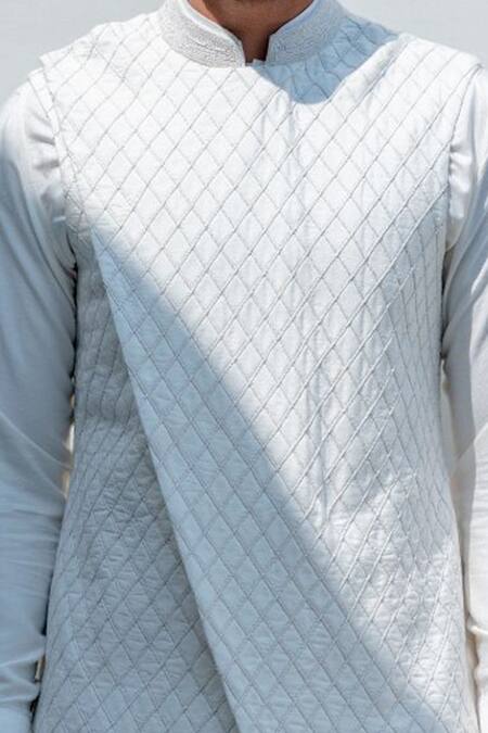 Bohame White Silk Embroidered Bundi And Shirt Set at Aza Fashions Bohame_White Silk Embroidered Bundi And Shirt Set_at_Aza_Fashions