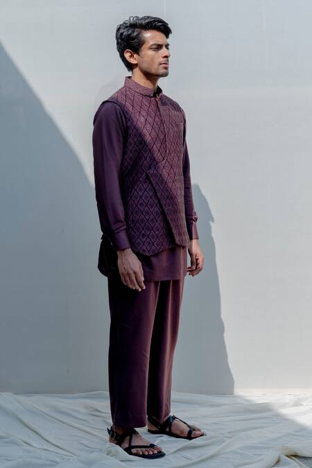 Bohame_Brown Silk, Tencel Embroidered Bundi And Kurta Set _Online_at_Aza_Fashions