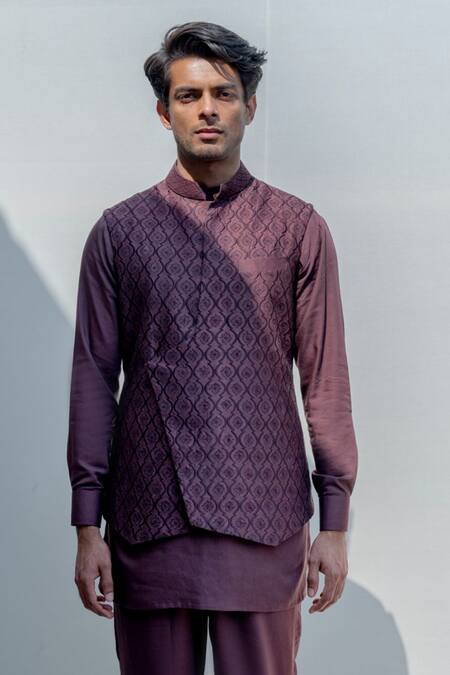 Buy_Bohame_Brown Silk, Tencel Embroidered Bundi And Kurta Set _Online_at_Aza_Fashions