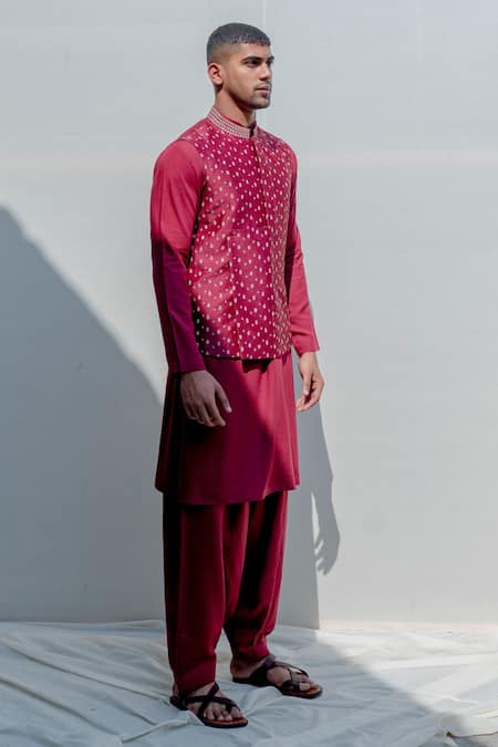 Bohame_Maroon Silk, Tencel Embroidered Bundi And Kurta Set_Online_at_Aza_Fashions