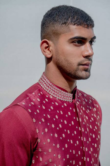Bohame_Maroon Silk, Tencel Embroidered Bundi And Kurta Set_at_Aza_Fashions