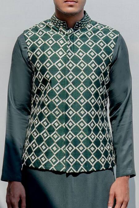 Bohame Green Silk, Cotton, Chanderi Embroidered Bundi And Kurta Set at Aza Fashions Bohame_Green Silk, Cotton, Chanderi Embroidered Bundi And Kurta Set_at_Aza_Fashions