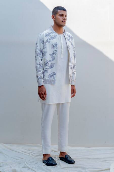 Bohame_White Silk Embroidered Jacket And Pant Set_Online_at_Aza_Fashions