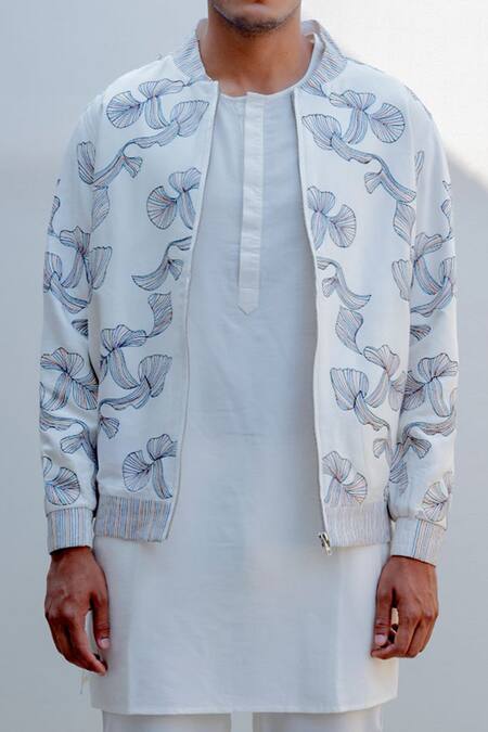 Bohame_White Silk Embroidered Jacket And Pant Set_at_Aza_Fashions