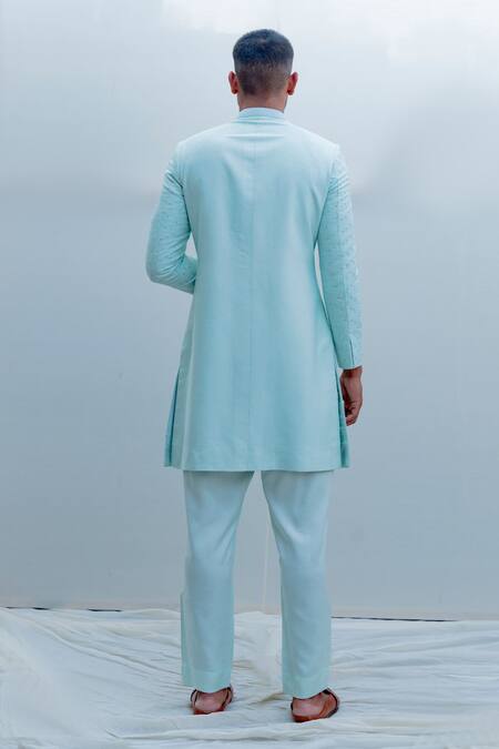 Shop Bohame Green Silk, Tencel Sherwani Set at Aza Fashions Shop_Bohame_Green Silk, Tencel Sherwani Set_at_Aza_Fashions