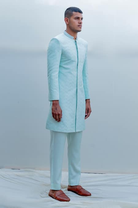 Bohame Green Silk, Tencel Sherwani Set Online at Aza Fashions Bohame_Green Silk, Tencel Sherwani Set_Online_at_Aza_Fashions