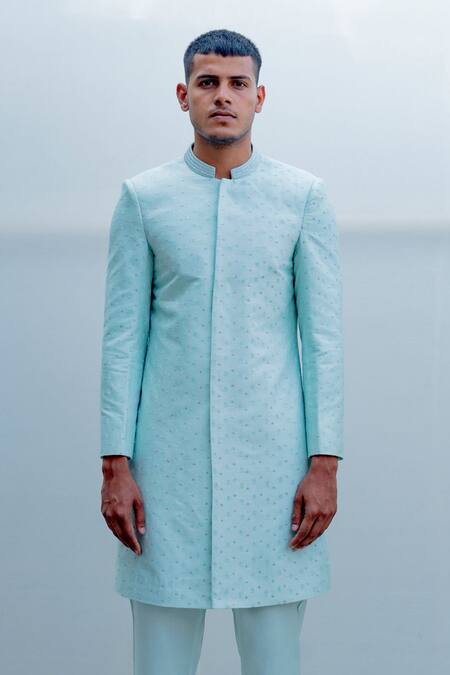 Shop Bohame Green Silk, Tencel Sherwani Set Online at Aza Fashions Shop_Bohame_Green Silk, Tencel Sherwani Set_Online_at_Aza_Fashions