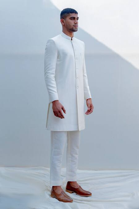 Bohame_White Silk Sherwani Set_Online_at_Aza_Fashions
