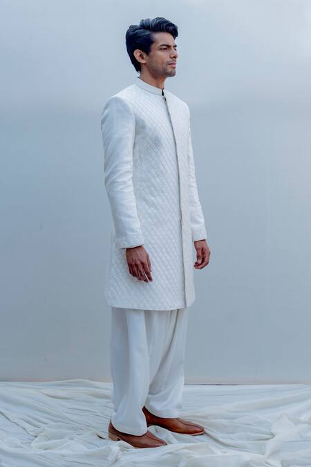 Bohame_White Silk, Tencel Sherwani Set_Online_at_Aza_Fashions
